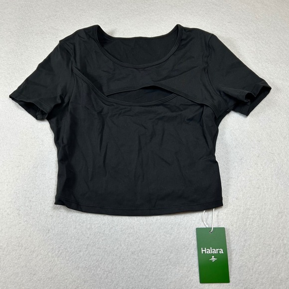 Halara Softlyzero Crop Top Womens S Black Plush Round Neck Cut Out‎ Short Sleeve - Picture 1 of 5